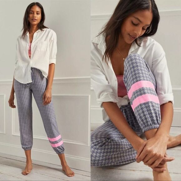 NWT SUNDRY Gray Blue Houndstooth Drawstring W/ Pink Ankle Stripes Sweatpants M - Picture 2 of 10